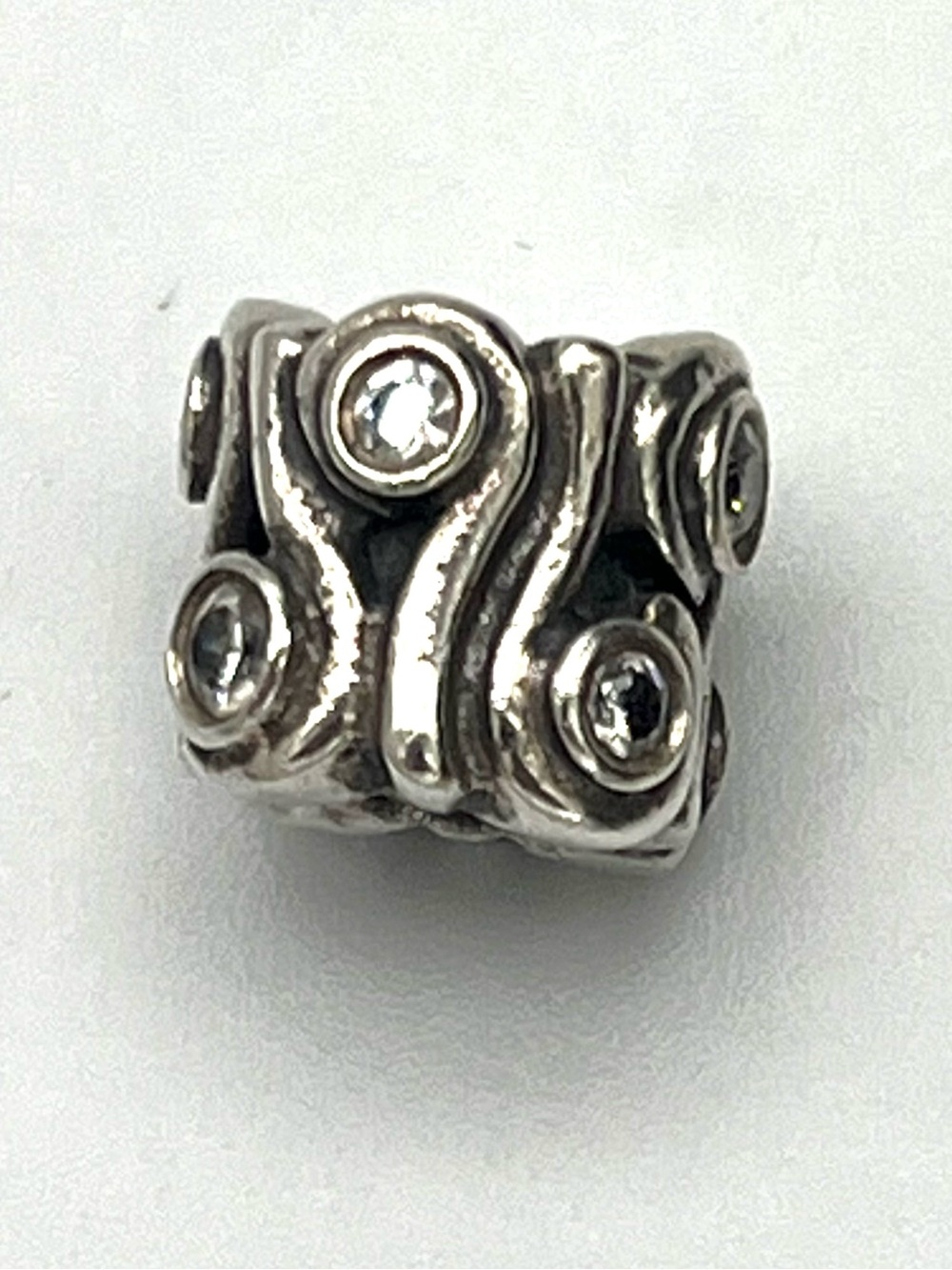 Pandora “Ocean Wave” Retired S925 Silver Bead Charm with Clear Stone Accents